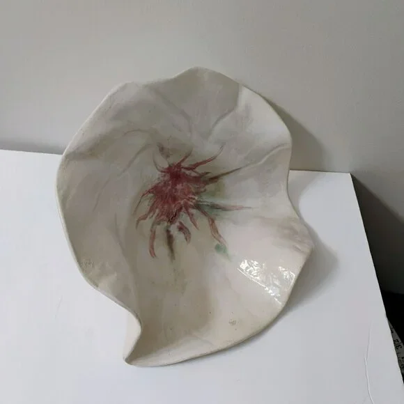 Handcrafted Art Pottery Flower Centerpiece Bowl, Decorative Ceramic White Pink - Picture 11 of 11